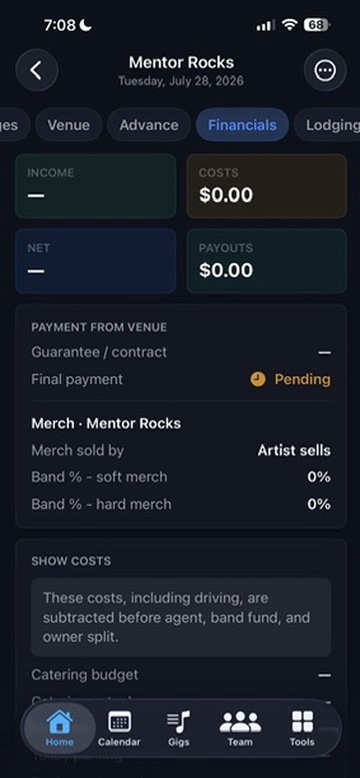 BandHQ financials screen