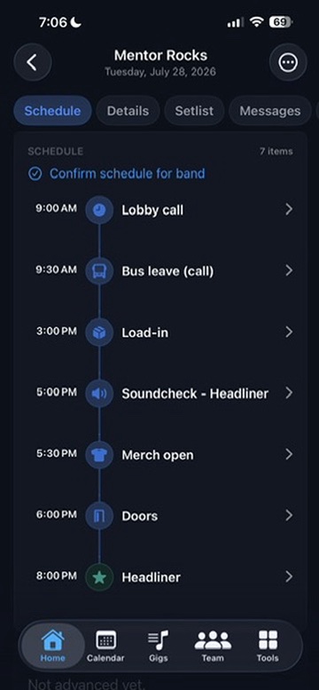 BandHQ show schedule timeline