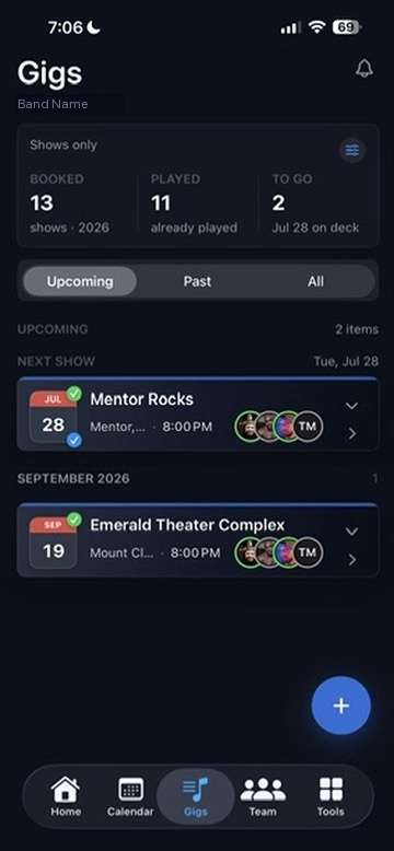 BandHQ gigs list showing upcoming shows