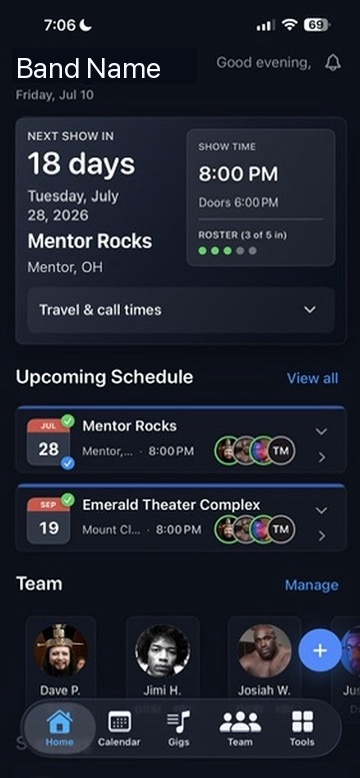 BandHQ home dashboard showing next show and upcoming schedule