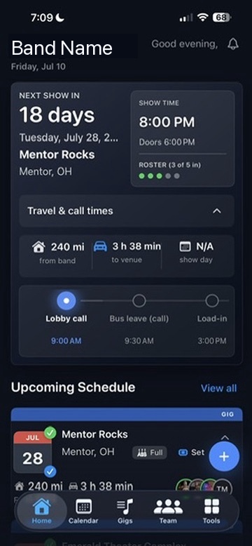 BandHQ expanded travel and call times dashboard