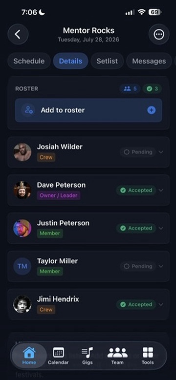 BandHQ roster screen with member status