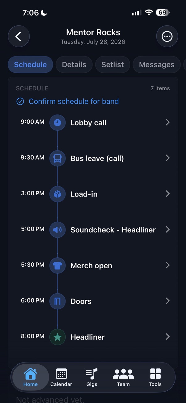 BandHQ show schedule timeline with call times and show events