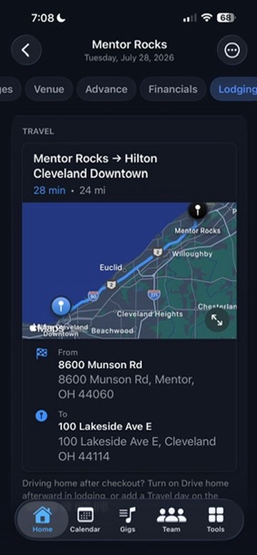 BandHQ lodging and travel screen with route details